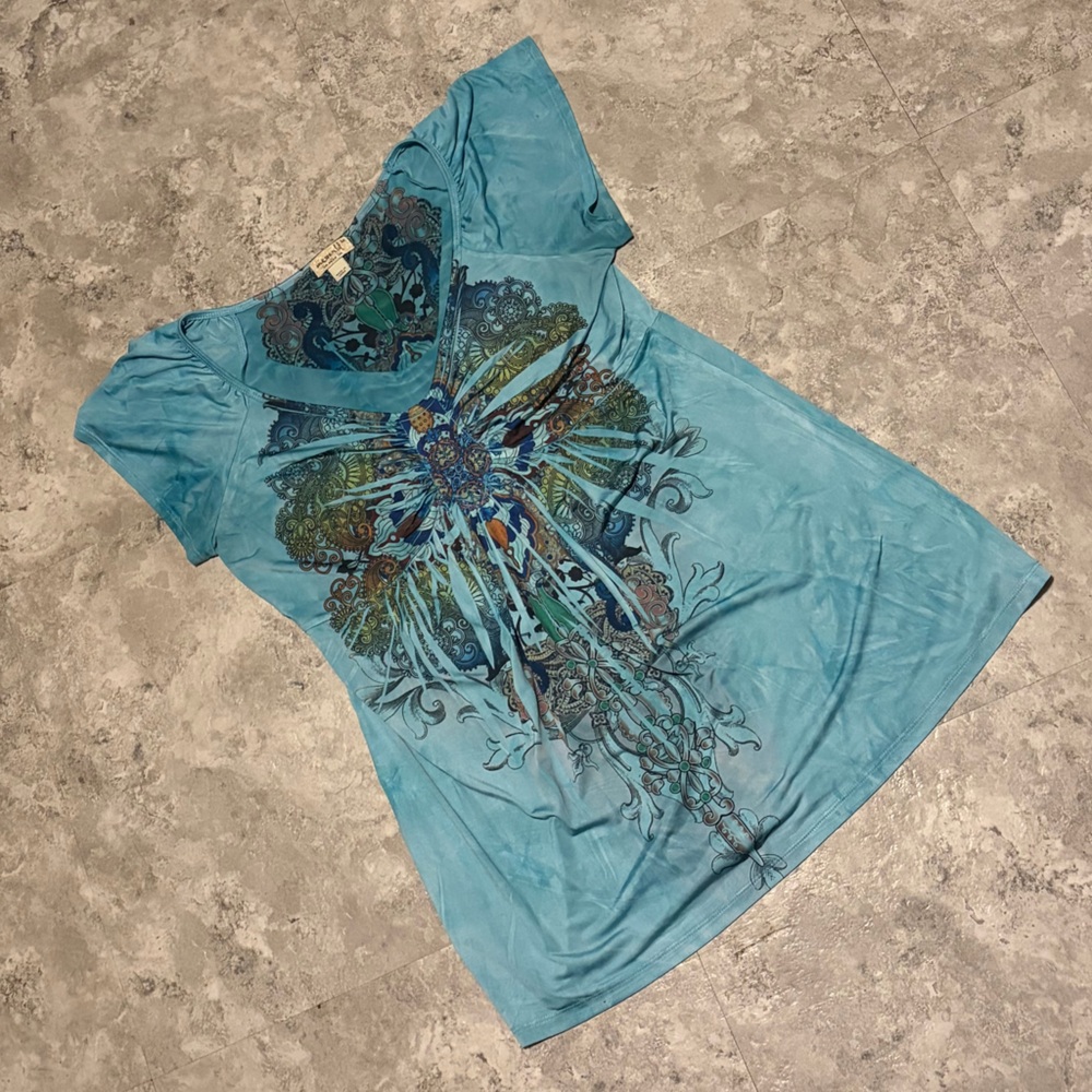 Y2K Multicolor Graphic Blouse with Rhinestones Medium